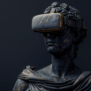 casque vr sur statue en pierre